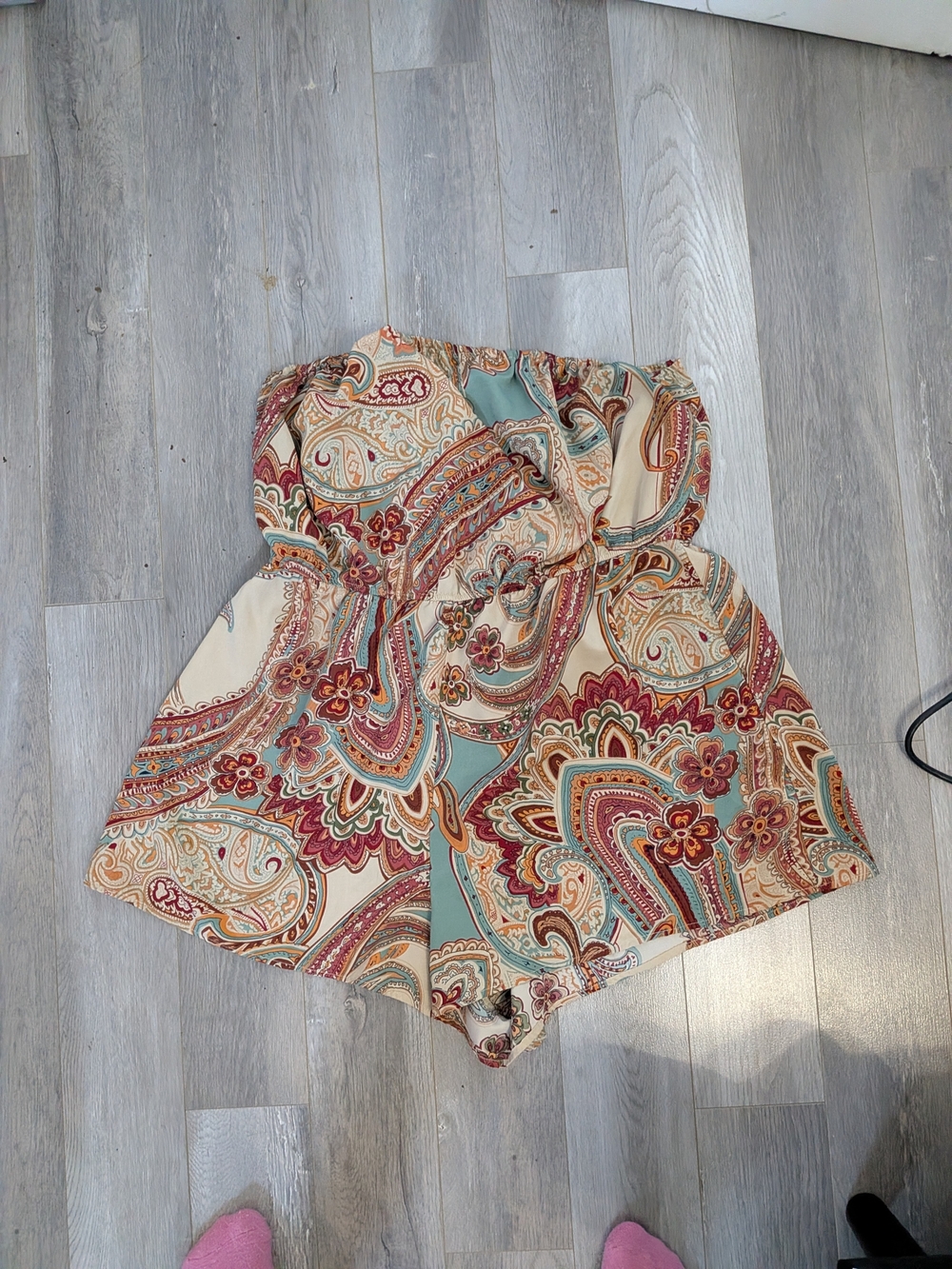 SHEIN Paisley Strapless Romper in Teal, Cream & Orange Accents